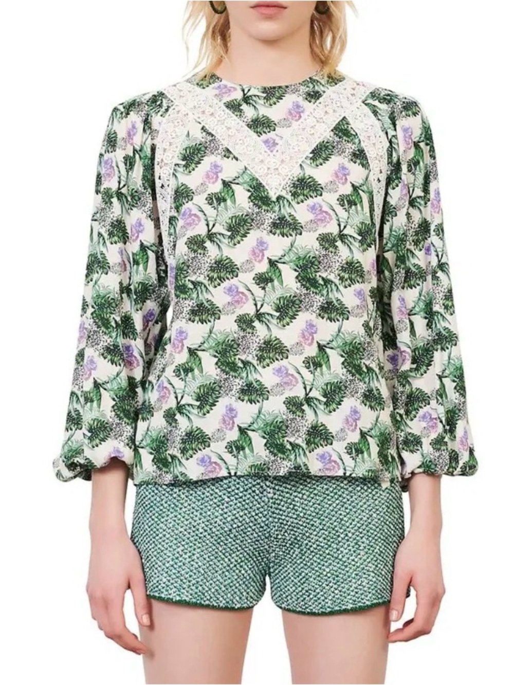 Maje Loman Blouse & Jizer Skirt Co-Ord Set - Vegetal Ecru Vert